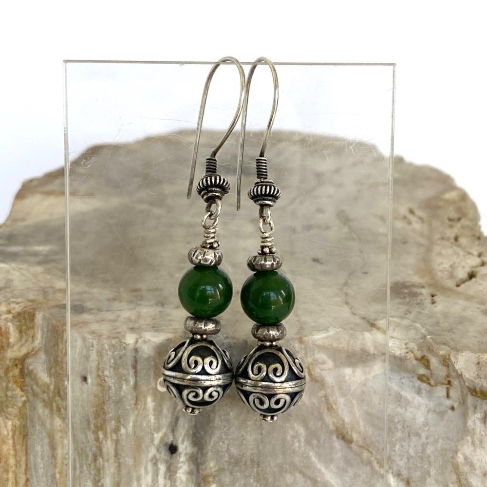 Sterling Silver 925 Round Beaded Nephrite Oxidized Scrollwork Dangle Earrings